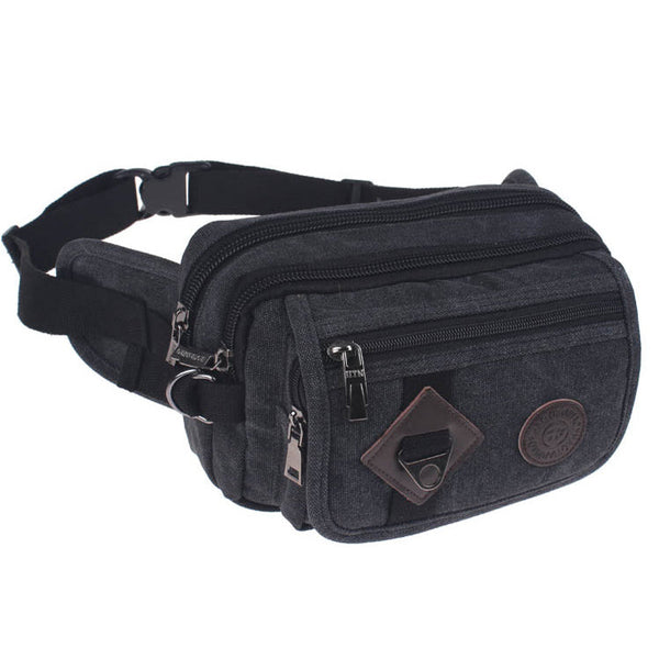 Black waist bag with multiple zippers on a white background