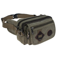 Green waist bag with multiple zippers on a white background
