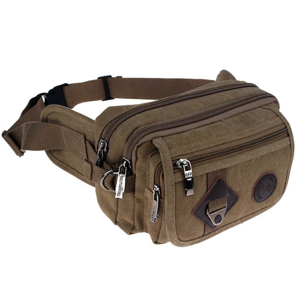 Brown waist bag with multiple zippers on a white background