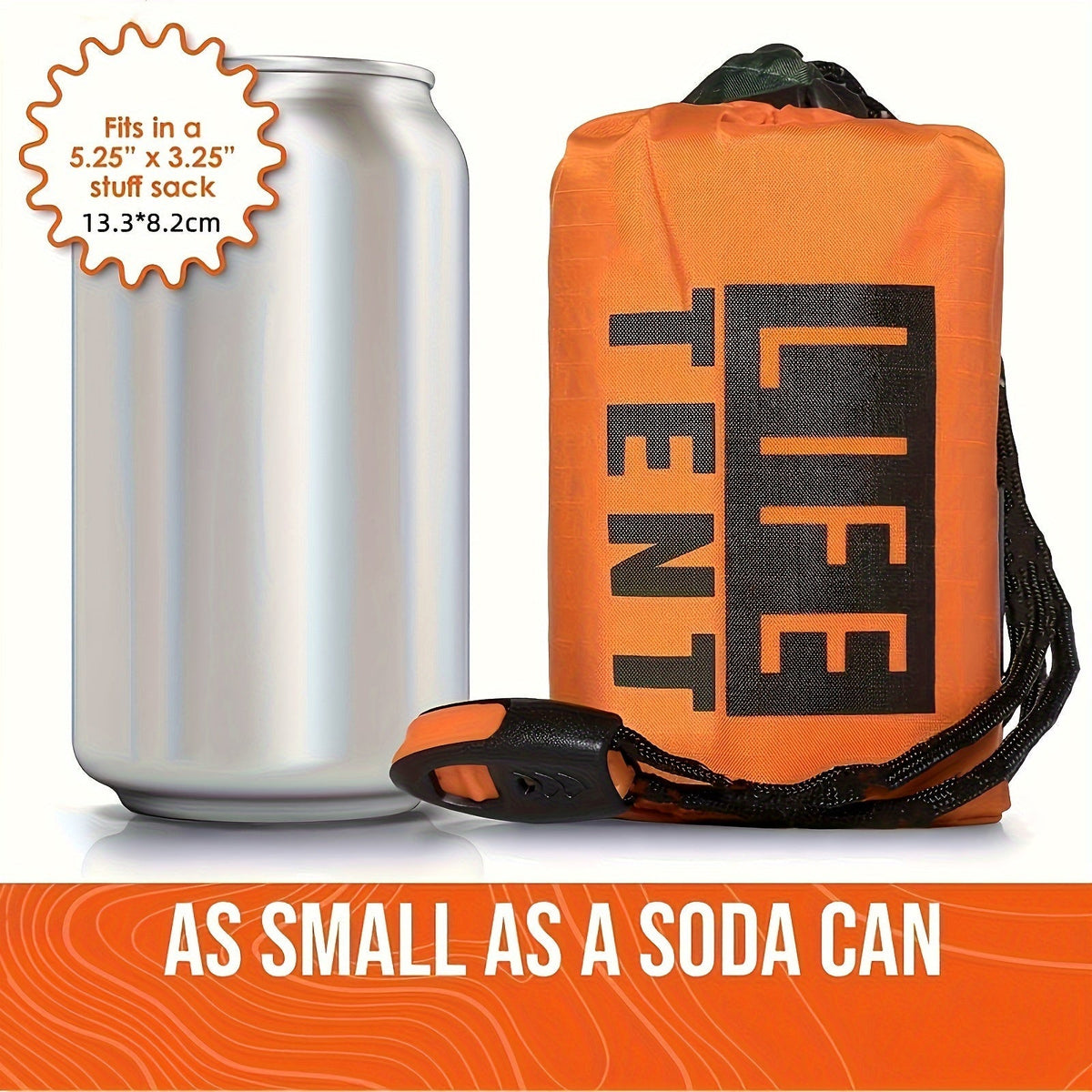 Orange 'LIFE TENT' bag next to a silver can with text indicating size and features.