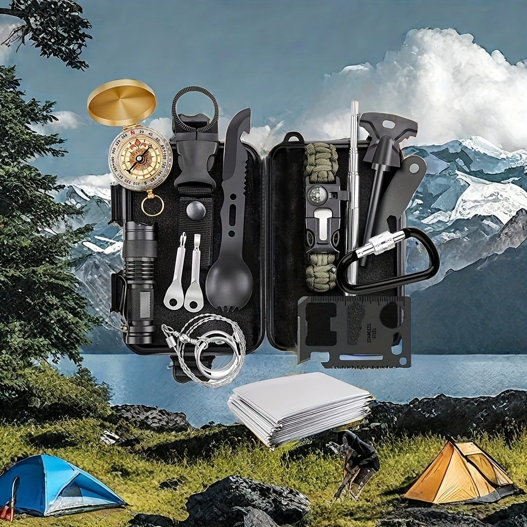 Collection of camping tools with a scenic background of mountains and lakes.