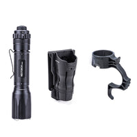 Black flashlight with two attachments on a white background