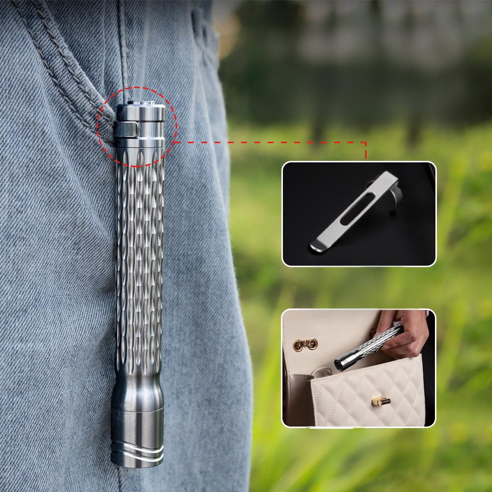 Metallic pen with detailed design held in a pocket, with additional views inset.
