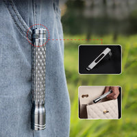 Metallic pen with detailed design held in a pocket, with additional views inset.