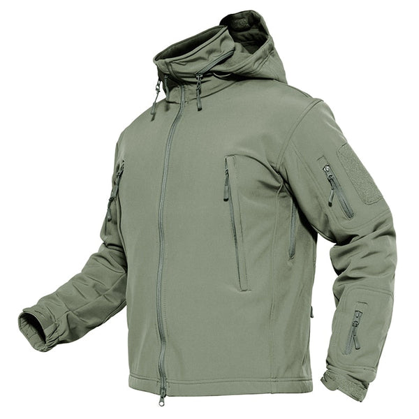 Green tactical jacket with multiple zippers on a white background