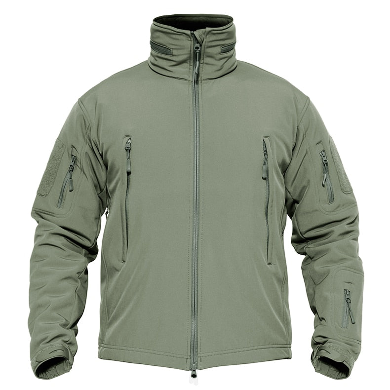 Green tactical jacket with multiple zippers on a white background