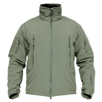 Green tactical jacket with multiple zippers on a white background