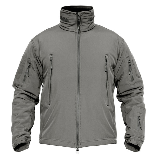 Gray tactical jacket with multiple zippers and pockets on a white background