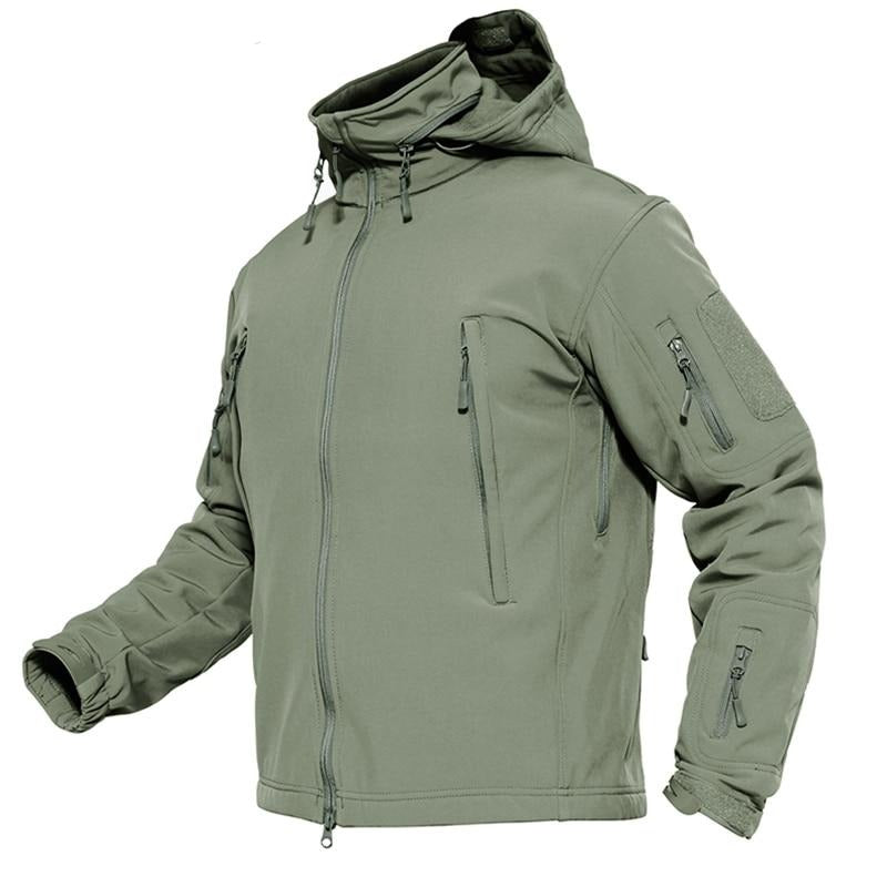 Green tactical jacket with multiple zippers on a white background