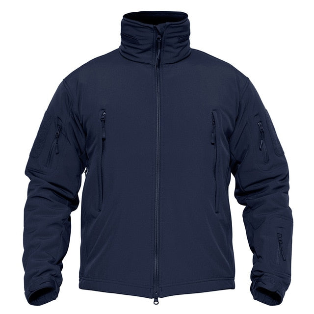 Navy blue jacket with zippers on a white background