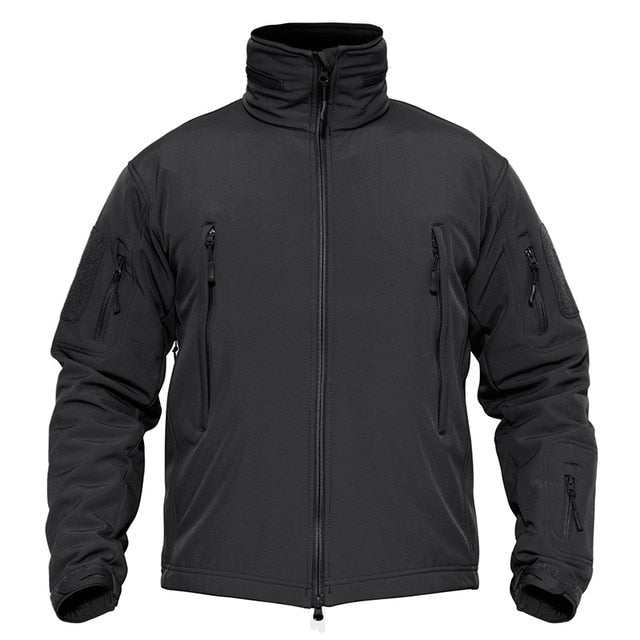 Black tactical jacket with multiple zippers on a white background