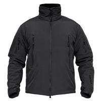 Black tactical jacket with multiple zippers on a white background