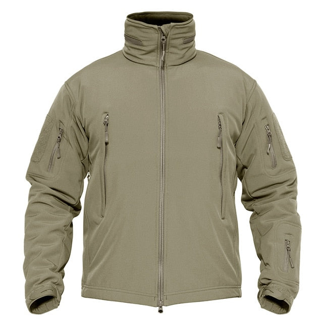 Khaki tactical jacket with multiple zippers on a white background