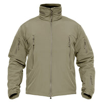 Khaki tactical jacket with multiple zippers on a white background