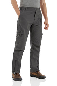 Gray hiking pants with multiple pockets and zippers on a white background