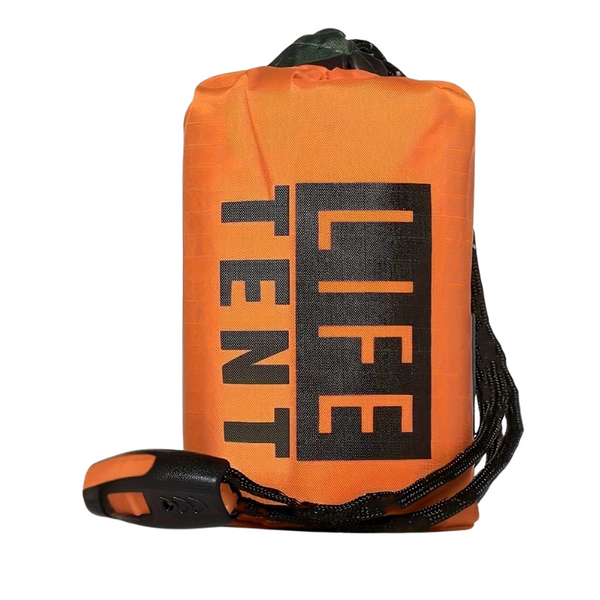 Orange life tent bag with black text on a white background
