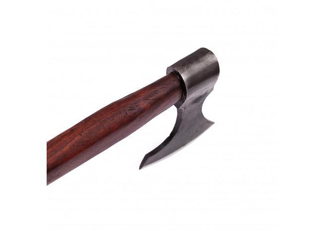 T-shaped tool with wooden handle and metal head on a white background