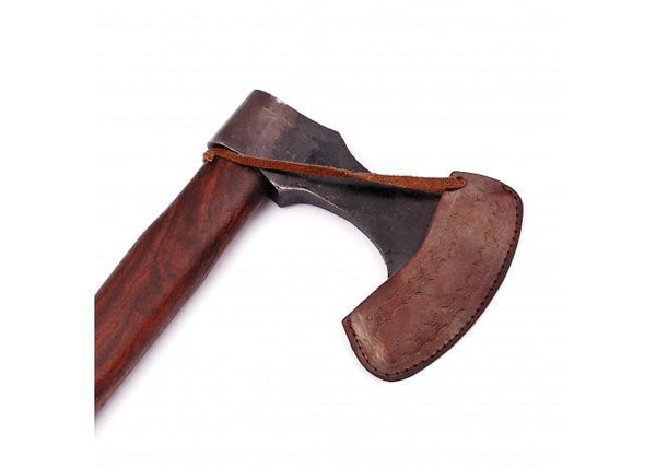 Wooden-handled axe with leather sheath on a white background